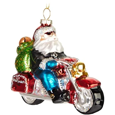 Afbeelding van BRUBAKER Kerstman op motorfiets Handgeschilderde Glazen Kerstbal Handgeblazen Kerstversiering Grappige Kersthanger Kerstboom Decoratie 10.5cm