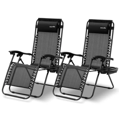 Afbeelding van SereneLife Ligstoel set van 2 Verstelbare Buitenkamerstoel met Afneembaar Bekerhouderblad Inklapbare Relaxstoel Verwijderbare Kussens