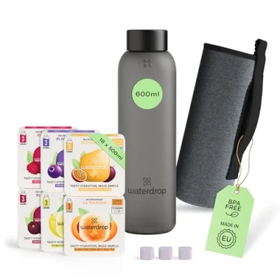 Afbeelding van waterdrop® Starterset Glas Black Frosted 1 drinkfles 600 ml + 18 Microdrink bruistabletten