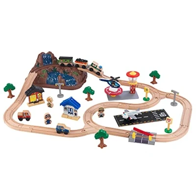 Afbeelding van KidKraft 17826 Bucket Top Mountain houten treinbaanset met tafel voor kinderen, spoorwegactiviteitenset inclusief accessoires (61 stuks)