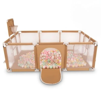 Afbeelding van Selonis Babybox, groot formaat, speelmat, met 200 ballen, voor kinderen, beige, ballen: pastelbeige/pastelgeel/wit/mint/poederroze