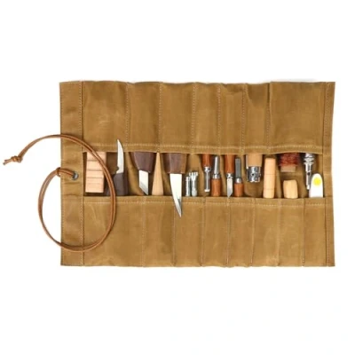 Afbeelding van TOURBON Gewaxt Canvas Roll Up Pouch 15 Zakken Handgereedschap Organizer Draagbare Schroevendraaier Sleutel Opbergtas