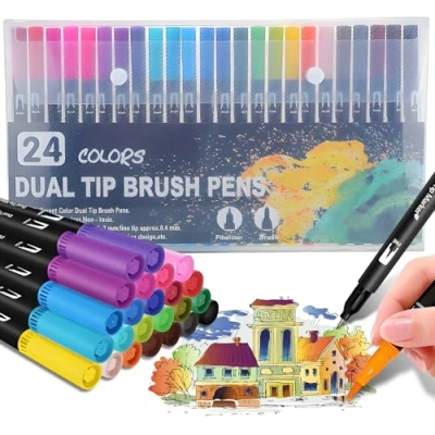 Afbeelding van OEEYYT Kleurpennen Dual Tip Pennen 24 Kleuren voor Volwassenen Vilt Pen Aquarel Fineliner Markers, Tekenen Kalligrafie Kleurboeken Schetsen, en Kinderen