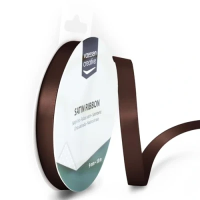 Afbeelding van Vaessen Creative Satijnen lint 9 mm x 10 m bruin, lint, decoratief linten om te knutselen, stoffen voor bruiloft, doop en verjaardagscadeaus