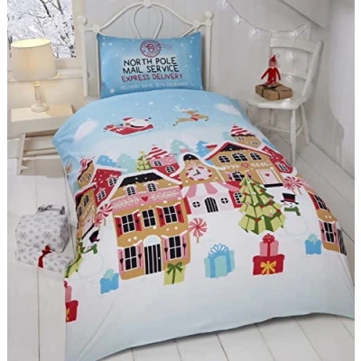 Afbeelding van Rapport Gingerbread Town Eenpersoons Dekbedovertrek Kinderkerst Beddengoed, 2 stuks, Feestelijk, Blauw