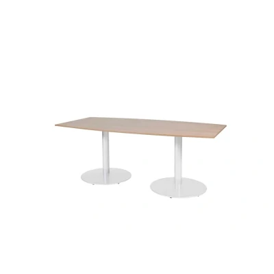 Afbeelding van Linesto 200x100cm tonvormige vergadertafel op vaste hoogte (74cm) met havana/ kersen licht 25mm blad en witte (RAL9010) trompetvoeten