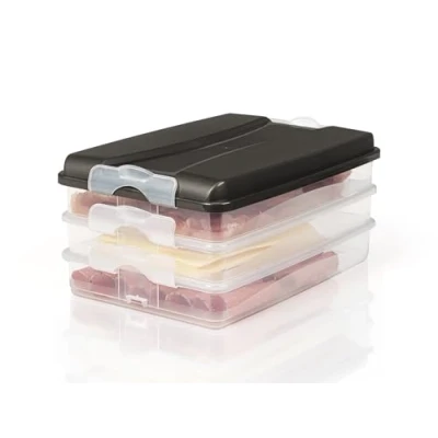 Afbeelding van Hausfelder Opbergdozen voor koelkast, vleeswaren stapelbaar, koelkastorganizer met deksel (3 antraciet vleesboxen: 3 x plat)