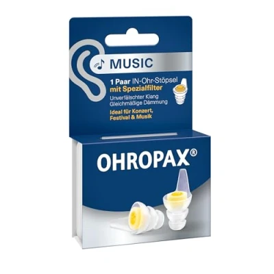 Afbeelding van OHROPAX Muziek oordopjes met speciaal filter onvervalst geluid bij gelijkmatige isolatie geluidsisolatiewaarde SNR 19 dB ideaal voor concerten 1 paar ingezet + kleiner
