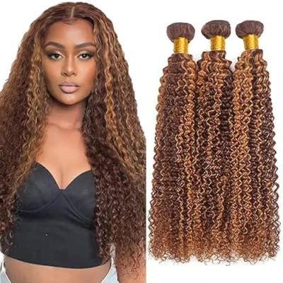 Afbeelding van Tuheers Long Hair Bundles Brown P430 Highlight Human for Woman Curly Wave Extensions 3 Real Double Weft 34 Inches Virgin