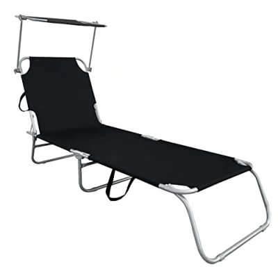 Afbeelding van Spetebo ligstoel met 3 poten, inklapbaar, zwart/met zonnedak, relax, zonneligstoel 4 voudig verstelbaar rugpaneel, voor camping, tuin, zwembad, spa, wellness, draagriemen
