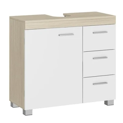 Afbeelding van VASAGLE Wastafelonderkast, badkamerkast met 3 grote laden, badkamerkast, 2 vakken achter de deur, badkamer onderkast voeten, 30 x 70 64 cm, wolkenwit natuurlijk beige BBK503K01