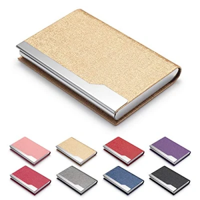 Afbeelding van FACATH Visitekaarthouder Luxe PU Leer &amp; Roestvrij Staal Multi Card Case, Slanke Metalen Pocket Kaarthouder Portemonnee met Magnetische Sluiting Goud