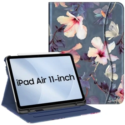 Afbeelding van Fintie Hoes voor iPad Air 4 2020 10.9 inch (Ondersteunt 2e Generatie Potlood, Draadloze Oplaadfunctie), Multi hoek Bekijken Folio Stand Beschermhoes met Documentsleuven Auto Sleep/Wakee , Bloeiende Hibiscus