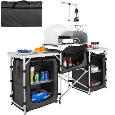 Afbeelding van VEVOR Camping keukentafel, opvouwbare outdoor kooktafel met opbergtas, aluminium kookstation 3 kast en afneembare voorruit, snelle installatie voor picknick, BBQ, RV reizen, zwart