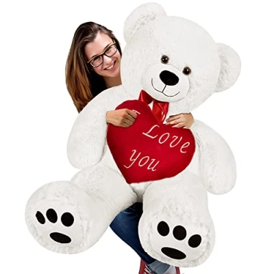 Afbeelding van Deuba Knuffelbeer Valentijnsdag XXL 150cm Wit incl. Hart Kussen Ø 32cm I LOVE YOU Knuffel Beer Teddybeer