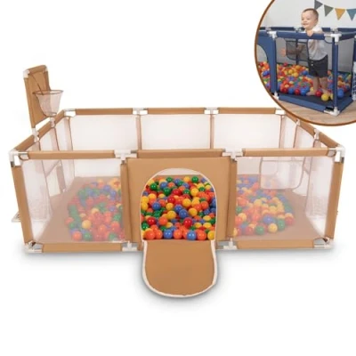 Afbeelding van Selonis Babybox, groot formaat, speelmat, met 100 ballen, voor kinderen, beige, ballen: geel/groen/blauw/rood/oranje