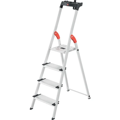 Afbeelding van Hailo L80 ComfortLine aluminium veiligheidsladder inklapbare ladder met 4 XXL treden en opbergbak werkhoogte tot 285 cm gewicht 4,4 kg zilver