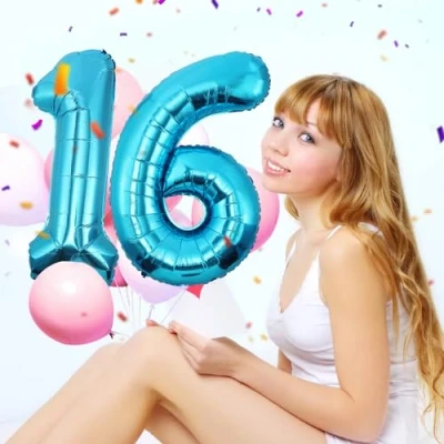 Afbeelding van Verjaardagsgetallen ballon 16 jaar blauwe folieballon XXL enorme in 40 101 cm verjaardagsdecoratie cijfer decoratie voor verjaardag, vliegen met helium