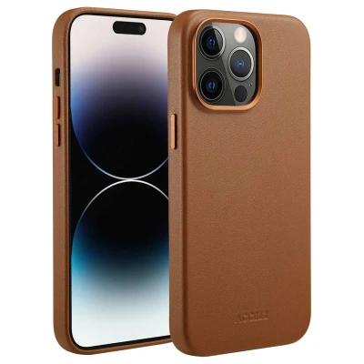Afbeelding van Apple iPhone 14 Pro Max MagSafe Hoesje Echt leder Accezz Backcover Bruin Telefoonhoesje