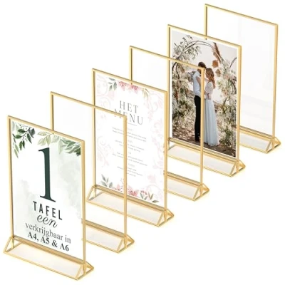 Afbeelding van gouden fotolijsten dubbelzijdig 6 stuks A4 acryl tafelnummerhouders, duidelijke ezel tafelstandaards voor borden, frames bruiloft tafelnummers, menuhouder, fotolijst (A4 (6 stuk))