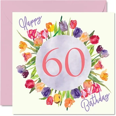 Afbeelding van Mooie 60e verjaardagskaarten voor vrouwen Aquarel Tulpen bloemen Boeket Gelukkige Verjaardagskaart haar oma Nanny Gran Mama Verjaardagscadeaus, 145 mm x wenskaarten cadeau