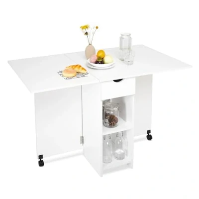 Afbeelding van Meerveil Mobiele klaptafel, inklapbare eettafel, geschikt voor kleine ruimtes met 1 lade en 2 planken eetkamer keuken, wit