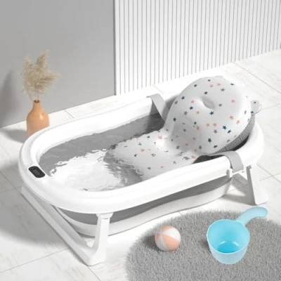 Afbeelding van EINESIN Grote Babybad Met Badstandaard, Ergonomisch Inklapbare Inklapbaar Bad Antislip, Opvouwbaar Voor Pasgeborenen Shampoo Beker (Grijs)