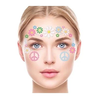 Afbeelding van Fiestas Guirca Carnaval verkleed Gezicht stickers Hippie flower power plakdiamantjes Schmink at