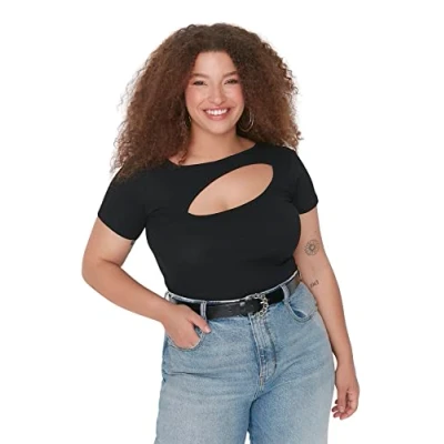 Afbeelding van Trendyol Vrouwen Plus Size Regular Basic Double Breasted Knit Blouse, Zwart, XXL grote maten