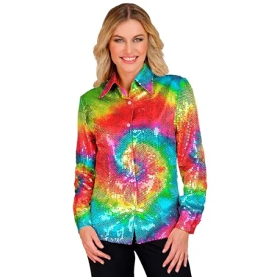Afbeelding van Widmann Feestmode pailletten blouse voor dames, regenboog, psychedelic, disco fever, slagermove, dameshemd