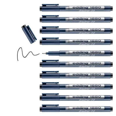 Afbeelding van edding 1880 precisiefineliner zwart 10 stiften lijnbreedte 0,8 mm fineliner om precies te schrijven en schetsen fijne, in metaal gevatte punt geschikt voor liniaal sjablonen