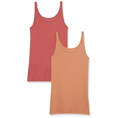 Afbeelding van Amazon Essentials Damesvest, slimfit, dunne bandjes, set van 2, baksteenrood/bruin, XS