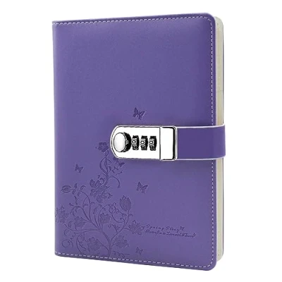 Afbeelding van NectaRoy PU Lederen Wachtwoord Notebook Schrijven Journal Diary, Vlinder en Bloem Patroon, Draad Binding Gevoerd Dagelijks Kladblok Persoonlijk Schetsboek met Penhouder, A5 210x145mm