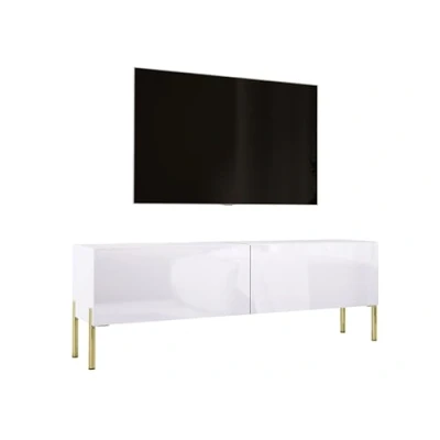 Afbeelding van 3E 3xE living.com TV kast in wit mat/wit hoogglans met poten goud, A: B: 140 cm, H: 52 D: 32 cm