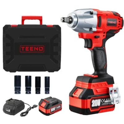 Afbeelding van TEENO Borstelloze accu slagmoersleutel, 1/2 inch, 600 Nm, 20 V, met 4000 mAh accu, 4 schokdoppen (17/19/21/22 mm), voor auto en thuisgebruik (één batterij)