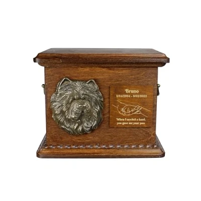 Afbeelding van Art Dog Urn voor hondenas Handgemaakt gedenkteken met reliëf, gepersonaliseerde gravure en koudgegoten bronzen buste 8,3x11,4x8,7 Chow