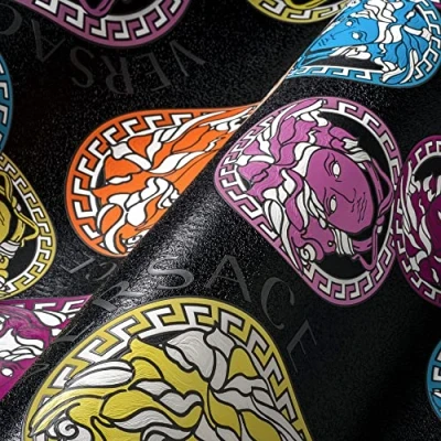 Afbeelding van &quot;MEDUSA HOOFD&quot; SATIJN GLANZEND BEHANG Design bont zwart oranje lila blauw A.S. Création Versace 5