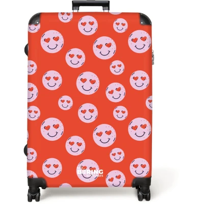 Afbeelding van NoBoringSuitcases.com® Koffer groot Reiskoffer lichtgewicht Rood met roze smileys Rolkoffer 4 wielen Grote trolley XL 98 liter bagage