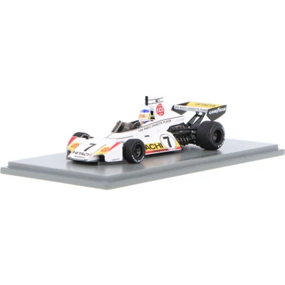 Afbeelding van het 1:43 gegoten model van De Brabham BT44 #7 Belgische GP 1974. rijder was C. Reutemann. fabrikant schaalmodel is Spark. Dit alleen online verkrijgbaar