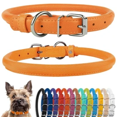 Afbeelding van CollarDirect Opgerolde lederen halsband, zachte gewatteerde ronde puppyhalsband, handgemaakte echt halsband hond kleine grote halsbanden zwart roze rood paars blauw (past op 7&quot; 9&quot; nek, oranje)