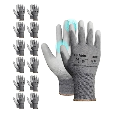 Afbeelding van LANON 12 Paar Werkhandschoenen, Beschermende Handschoenen voor Heren en Dames, PU Grip Coating, Naadloos Gebreid, Grijs(L/9)