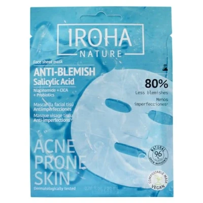 Afbeelding van Iroha Nature Gezichtsmasker, anti onzuiverheden, salicylzuur, niacinamide, cica en probiotica, zakje 20 ml, voor gemengde huid tot vette huid, voorkomt vermindert puistjes