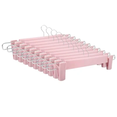 Afbeelding van Tekenewbse 10 stuks ruimtebesparende broekhangers, broekhangers met 2 clips, ruimtebesparend, verstelbaar, antislip, 360 draaibare haak voor rokken, broeken en overhemden (roze)