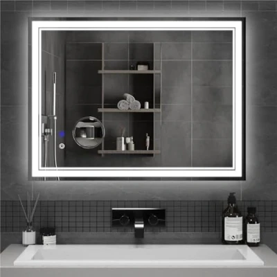Afbeelding van Mondeer Led badkamerspiegel met verlichting, 80 x 60 cm, wandspiegel aanraakschakelaar, anti condens en 5 loep, 3 lichtkleuren, dimbaar, voor badkamer, 3000 K 6500