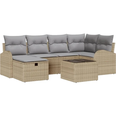 Afbeelding van vidaXL 7 delige Tuin Sofa Set met Kussens Beige Poly Rattan, 2 zits Opbergruimte &amp; Rattan