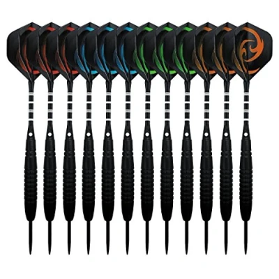 Afbeelding van Waalvis dartpijlen, 12 stuks stalen 23 gram professionele steeldarts met metalen punt, zwart anti slip ijzeren vat, aluminium schacht, 40 flights, 24 losse rubberen ringen, dartpijlpuntenslijper