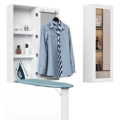 Afbeelding van Organizedlife Strijkplank, wandkast met verborgen opbergruimte, duurzaam, ruimtebesparend ontwerp, 4 traps houten wandrekeenheid spiegel, perfect voor elk huishouden, wit