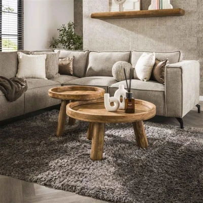 Afbeelding van Hoyz Collection Salontafel Tripod Massief Mango Zandkleur Set van 2