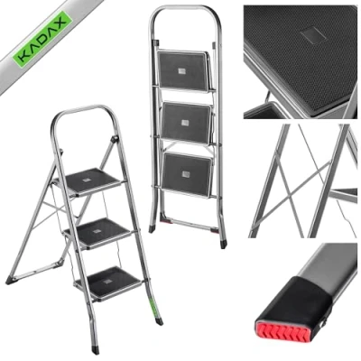 Afbeelding van KADAX Vouwladder van staal, trapladder met draagvermogen tot 150 kg, ladder klapbeveiliging, leuning antislip treden (3 treden)