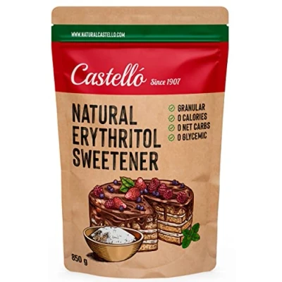 Afbeelding van Zoetstof Erythritol Kristalsuiker 10g = 7g suiker Natuurlijke Suikervervanger 0 Calorieën Glycemische Index Keto en Paleo Netto Koolhydraten Non GMO Castello since 1907 850 g